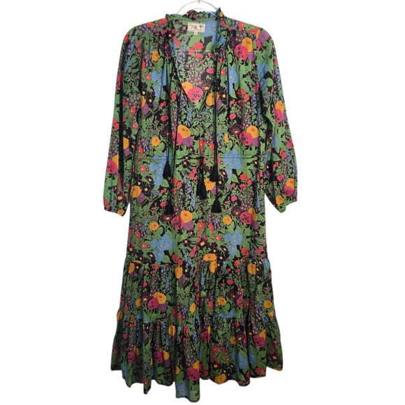 Mille Resort & Travel Dark Floral Boho Cotton Midi Dress XS Made in India - Picture 2 of 10
